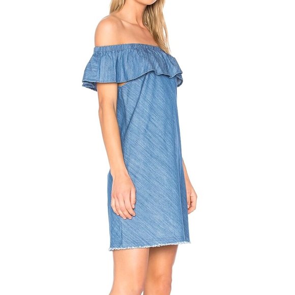 New Central Park West Denim Ruffle Off The Shoulder Mini Dress Blue Size Small - Picture 1 of 16